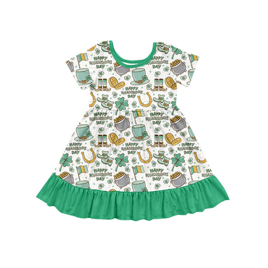 (Pre-order)GSD1477 Gold Hat Green Print Girls St. Patrick's Day Knee Length Dress