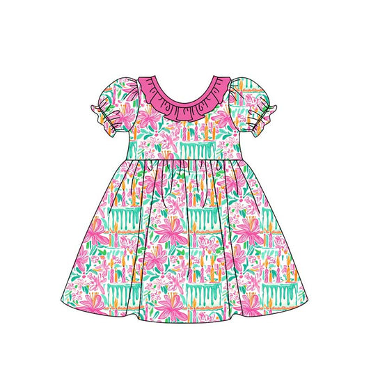 (Pre-order)GSD1479 Hotpink Flowers Print Girls Knee Length Dress