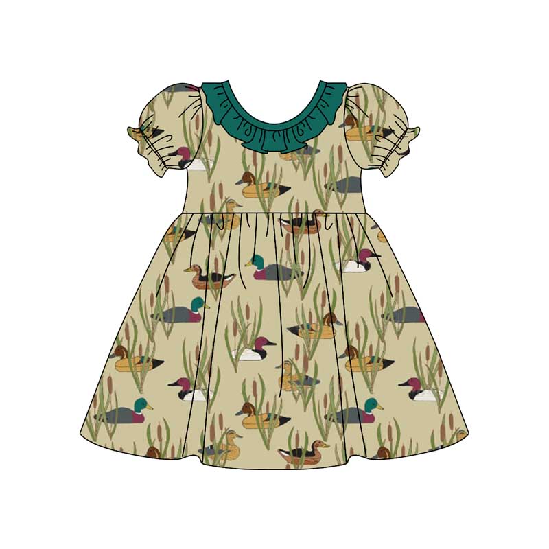 (Pre-order)GSD1481 Duck Green Print Girls Knee Length Dress