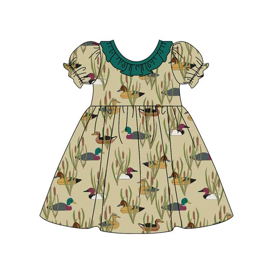 (Pre-order)GSD1481 Duck Green Print Girls Knee Length Dress