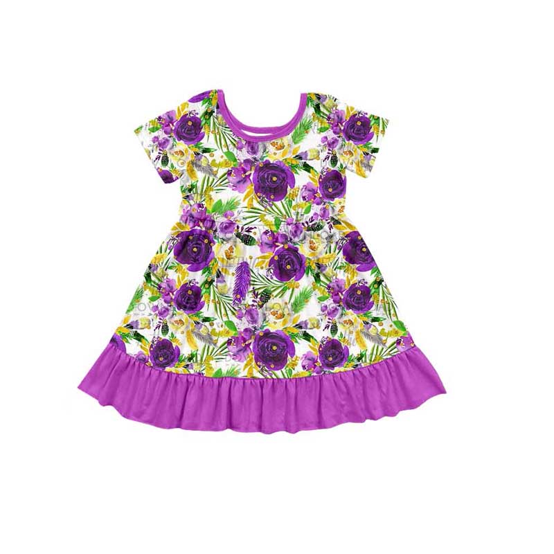(Pre-order)GSD1483 Purple Yellow Flowers Print Girls Knee Length Dress