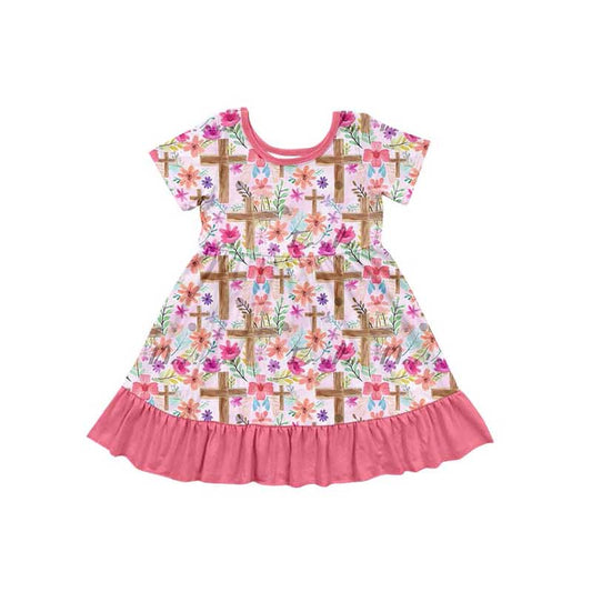 (Pre-order)GSD1485 Flowers Cross Print Girls Easter Knee Length Dress
