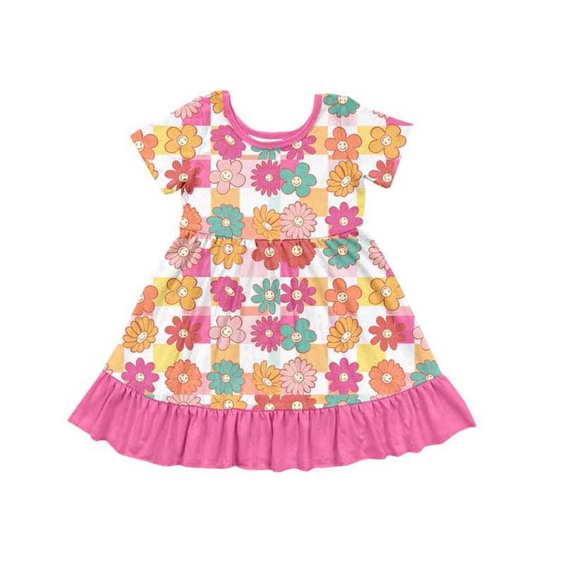 (Pre-order)GSD1488 Flowers Smiling Print Girls Summer Knee Length Dress