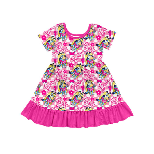(Pre-order)GSD1490 Cartoon Dog Pink BA Print Girls Summer Knee Length Dress