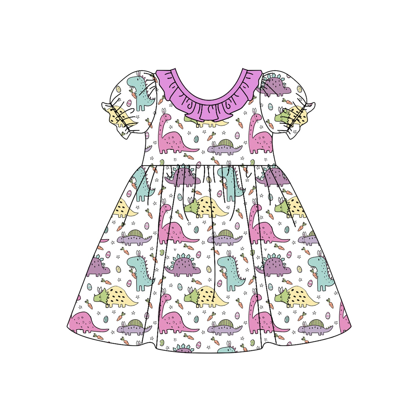 (Pre-order)GSD1492 Dino Purple Print Girls Summer Knee Length Dress