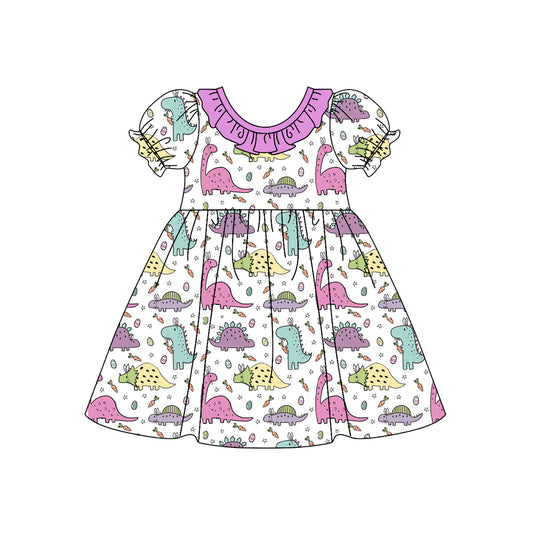 (Pre-order)GSD1492 Dino Purple Print Girls Summer Knee Length Dress