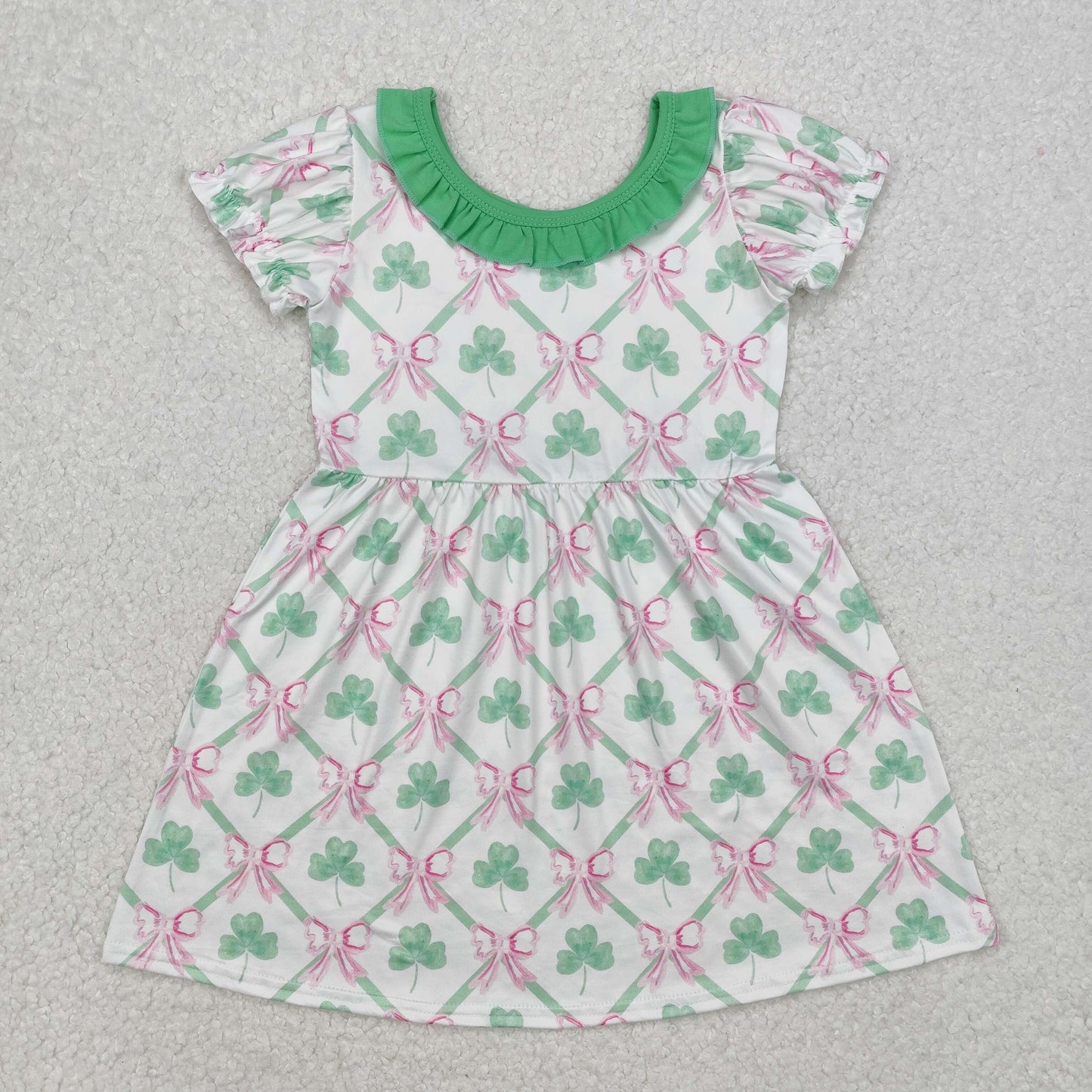 GSD1493 Leaf Bows Print Girls St. Patrick's Day Knee Length Dress