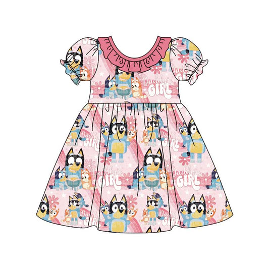 (Pre-order)GSD1494 Cartoon Dog Daddy's Girl Flowers Print Girls Knee Length Dress