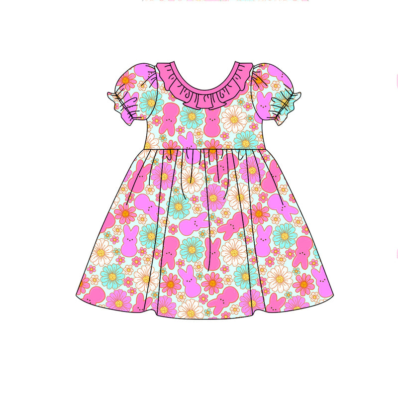 (Pre-order)GSD1495 Bunny Hotpink Flowers Print Girls Easter Knee Length Dress