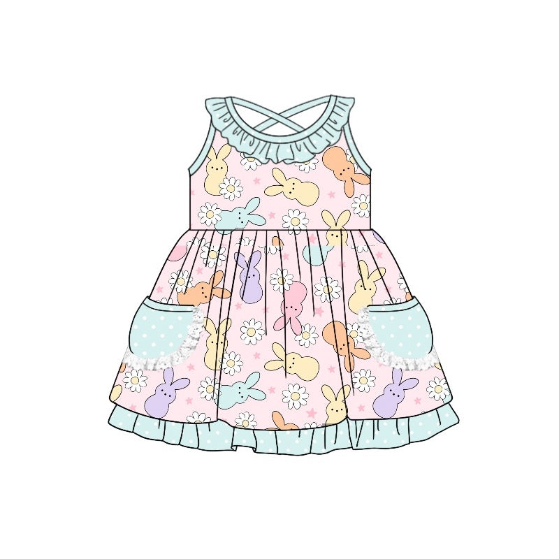 (Pre-order)GSD1496 Bunny Flowers Print Girls Easter Knee Length Dress