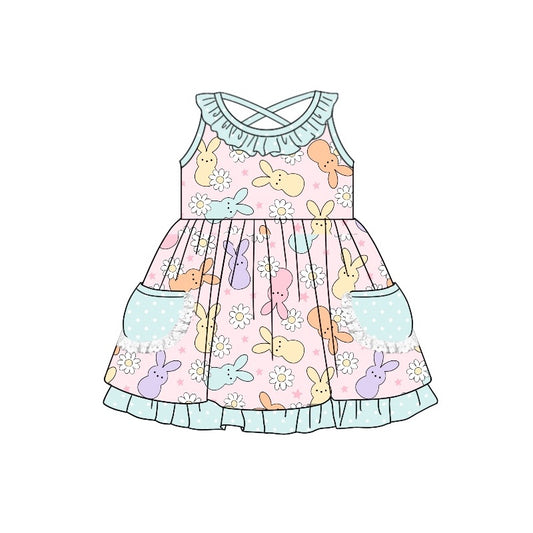 (Pre-order)GSD1496 Bunny Flowers Print Girls Easter Knee Length Dress