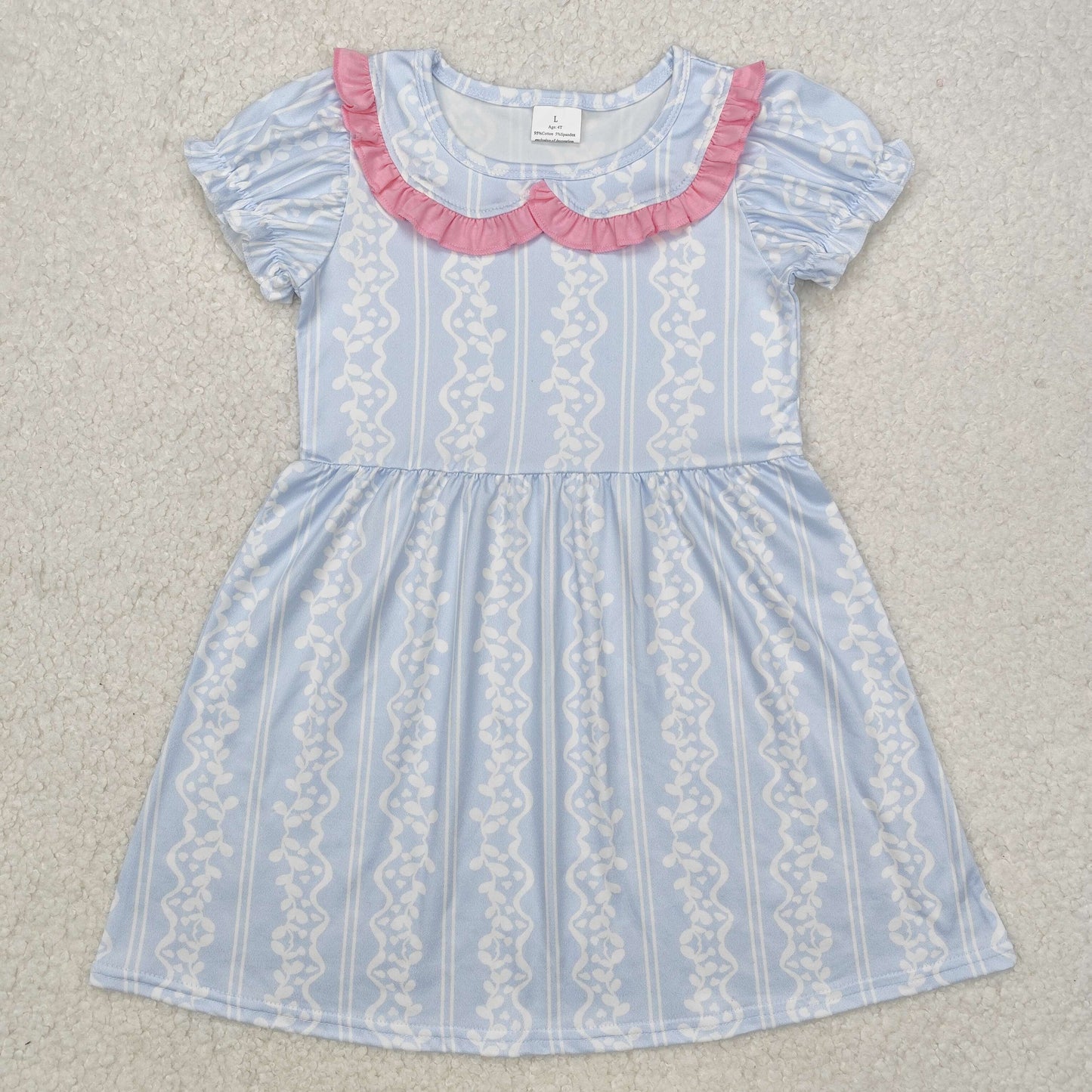 GSD1499 Blue Flowers Print Girls Summer Knee Length Dress