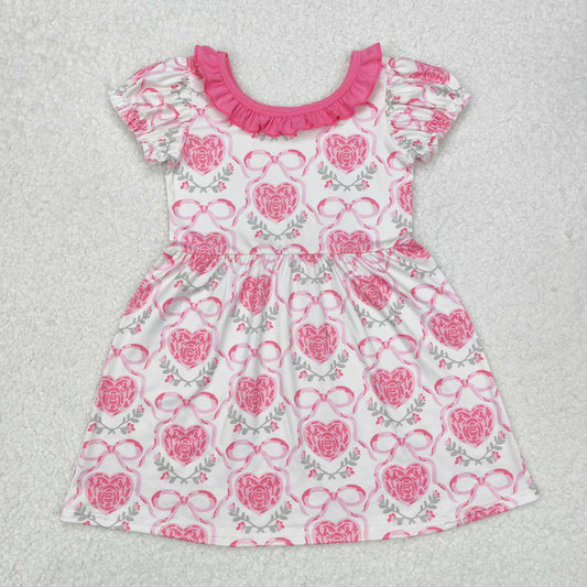 GSD1512 Heart Rose Bows Print Girls Valentine's Day Knee Length Dress