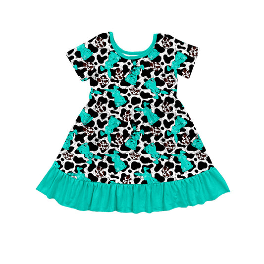 (Pre-order)GSD1513 Bunny Eggs Turquoise Print Girls Easter Western Knee Length Dress