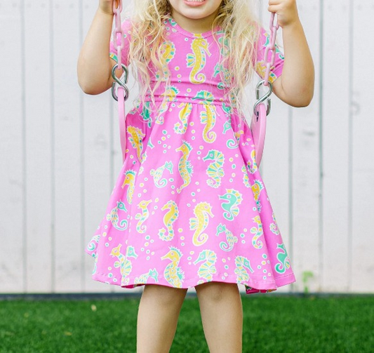 (Pre-order)GSD1514 Seahorse Hotpink Print Girls Summer Knee Length Dress
