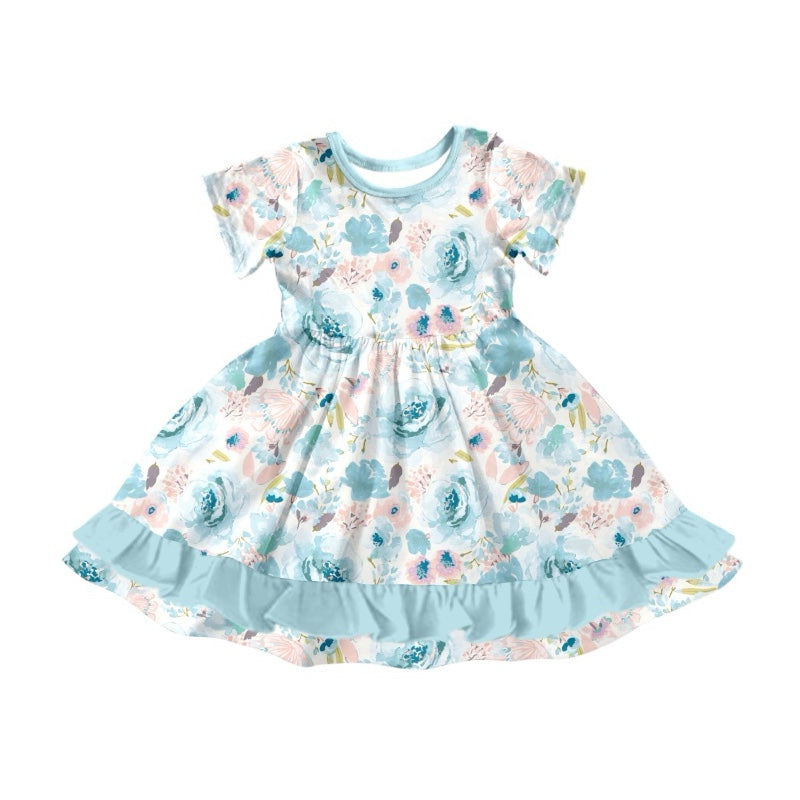 (Pre-order)GSD1515 Blue Flowers Print Girls Knee Length Dress