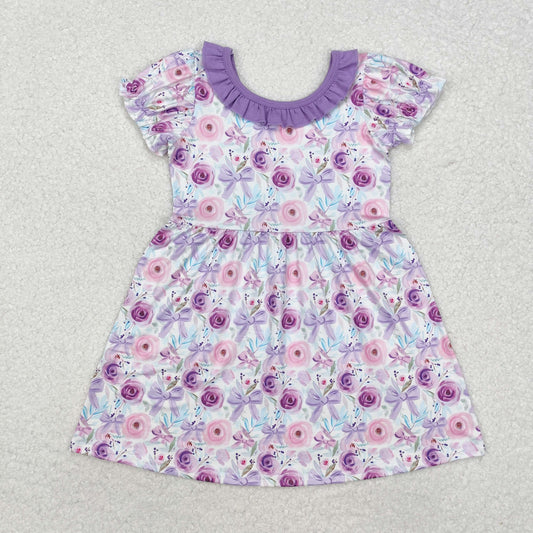 GSD1516 Flowers Bows Purple Print Girls Summer Knee Length Dress