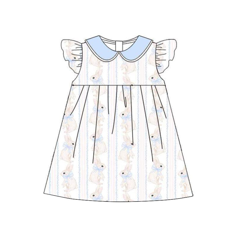 (Pre-order)GSD1521 Bunny Bows Print Girls Easter Knee Length Dress