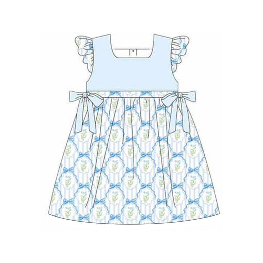 (Pre-order)GSD1525 Blue Flowers Bows Print Girls Summer Knee Length Dress