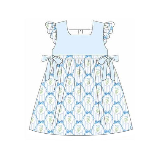 (Pre-order)GSD1525 Blue Flowers Bows Print Girls Summer Knee Length Dress