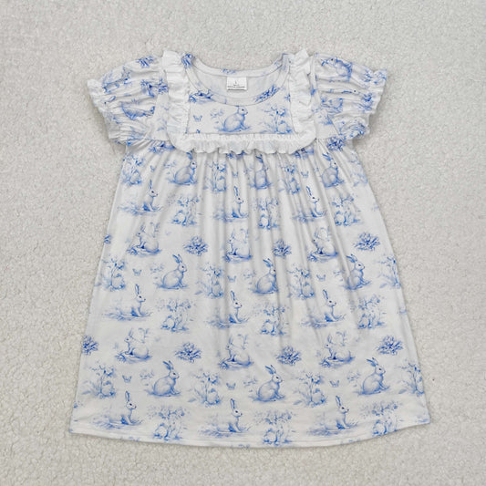 GSD1531 Bunny Blue Flowers Print Girls Easter Knee Length Dress