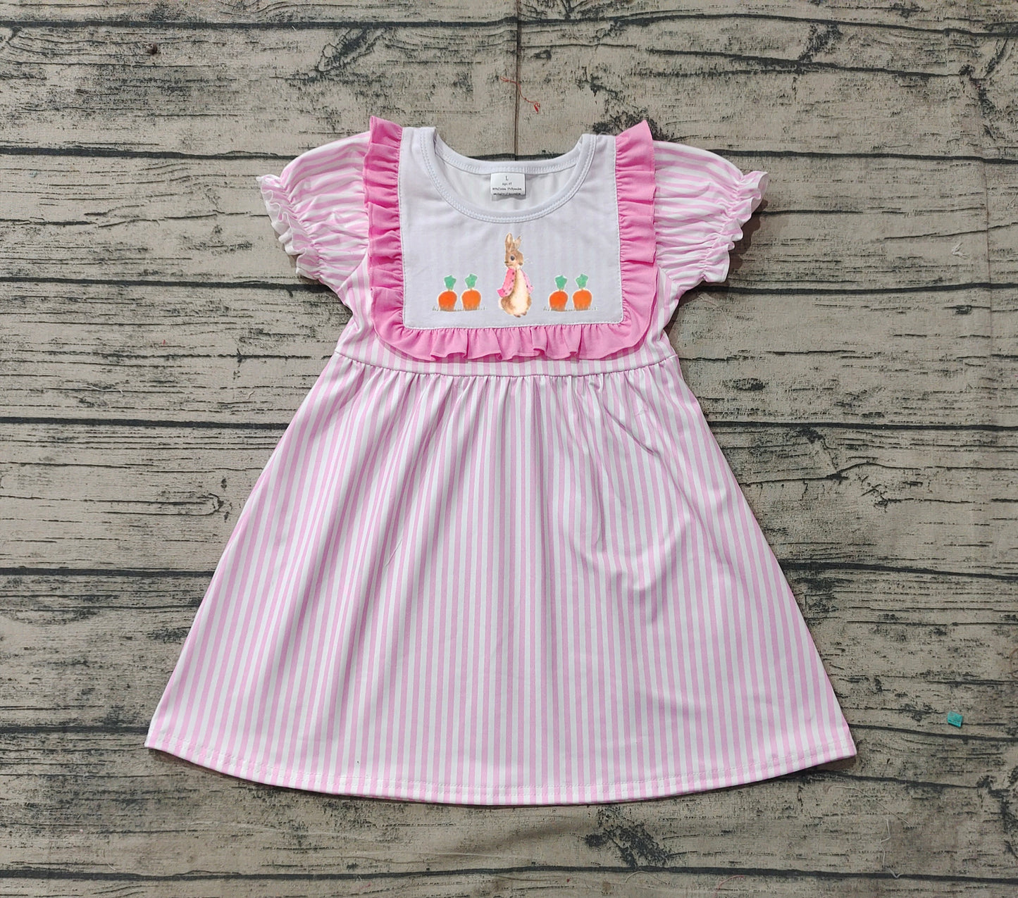 (Pre-order)GSD1532 Bunny Pink Stripes Print Girls Easter Knee Length Dress