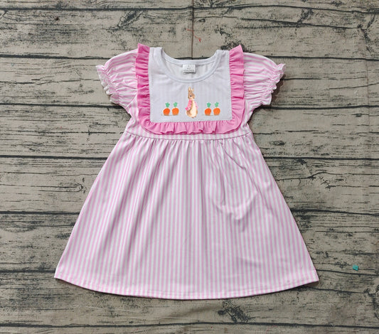 (Pre-order)GSD1532 Bunny Pink Stripes Print Girls Easter Knee Length Dress