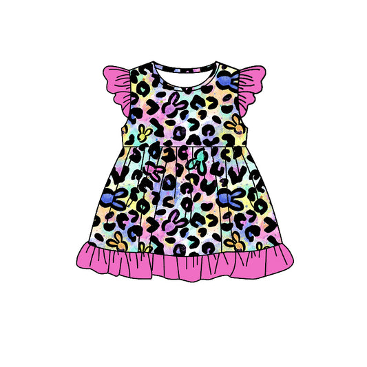 (Pre-order)GSD1535 Colorful Leopard Bunny Print Girls Easter Knee Length Dress