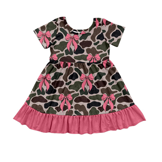 (Pre-order)GSD1537 Pink Bows Camo Print Girls Knee Length Dress