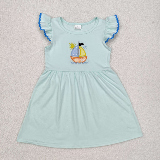 GSD1539 Sailboat Embroidery Girls Summer Knee Length Dress