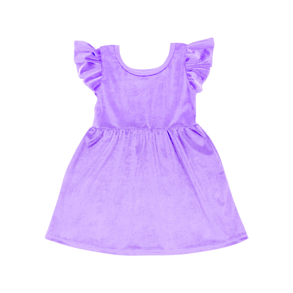(Pre-order)GSD1543 Purple Color Velvet Girls Flutter Sleeves Knee Length Dress