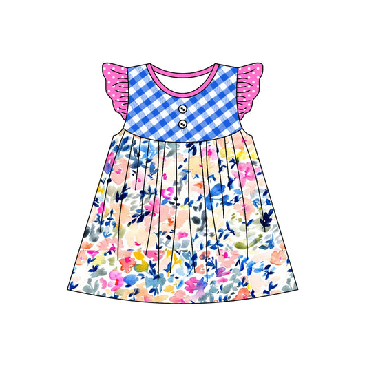 (Pre-order)GSD1545 Flowers Print Girls Flutter Sleeves Knee Length Dress