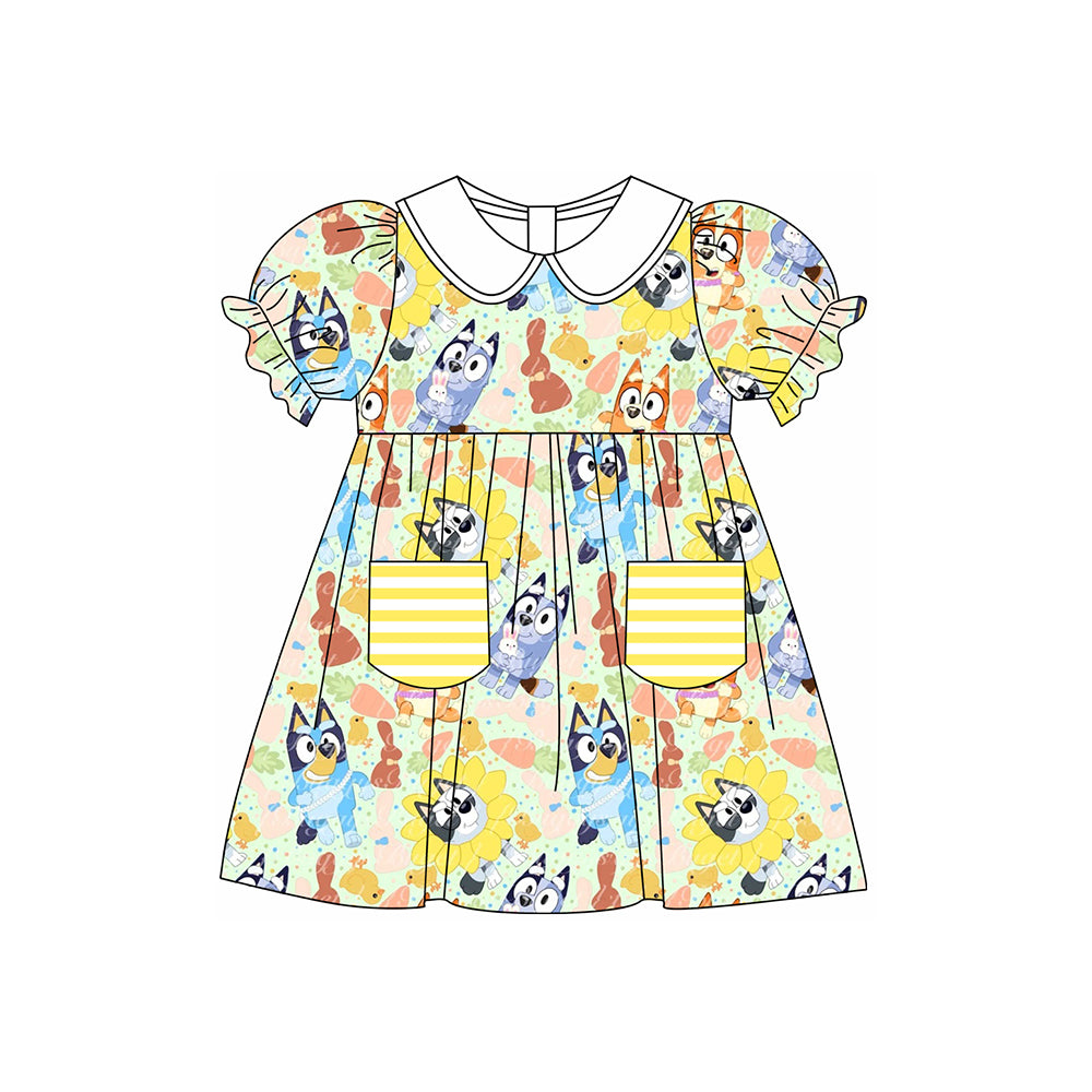 (Pre-order)GSD1551 Cartoon Dog Flowers Print Pockets Girls Easter Knee Length Dress