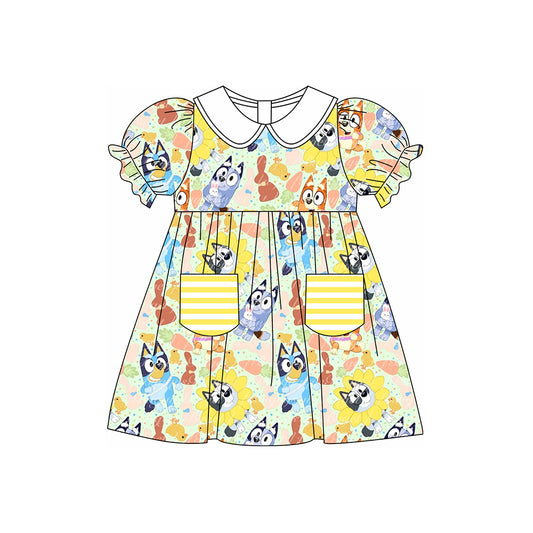 (Pre-order)GSD1551 Cartoon Dog Flowers Print Pockets Girls Easter Knee Length Dress