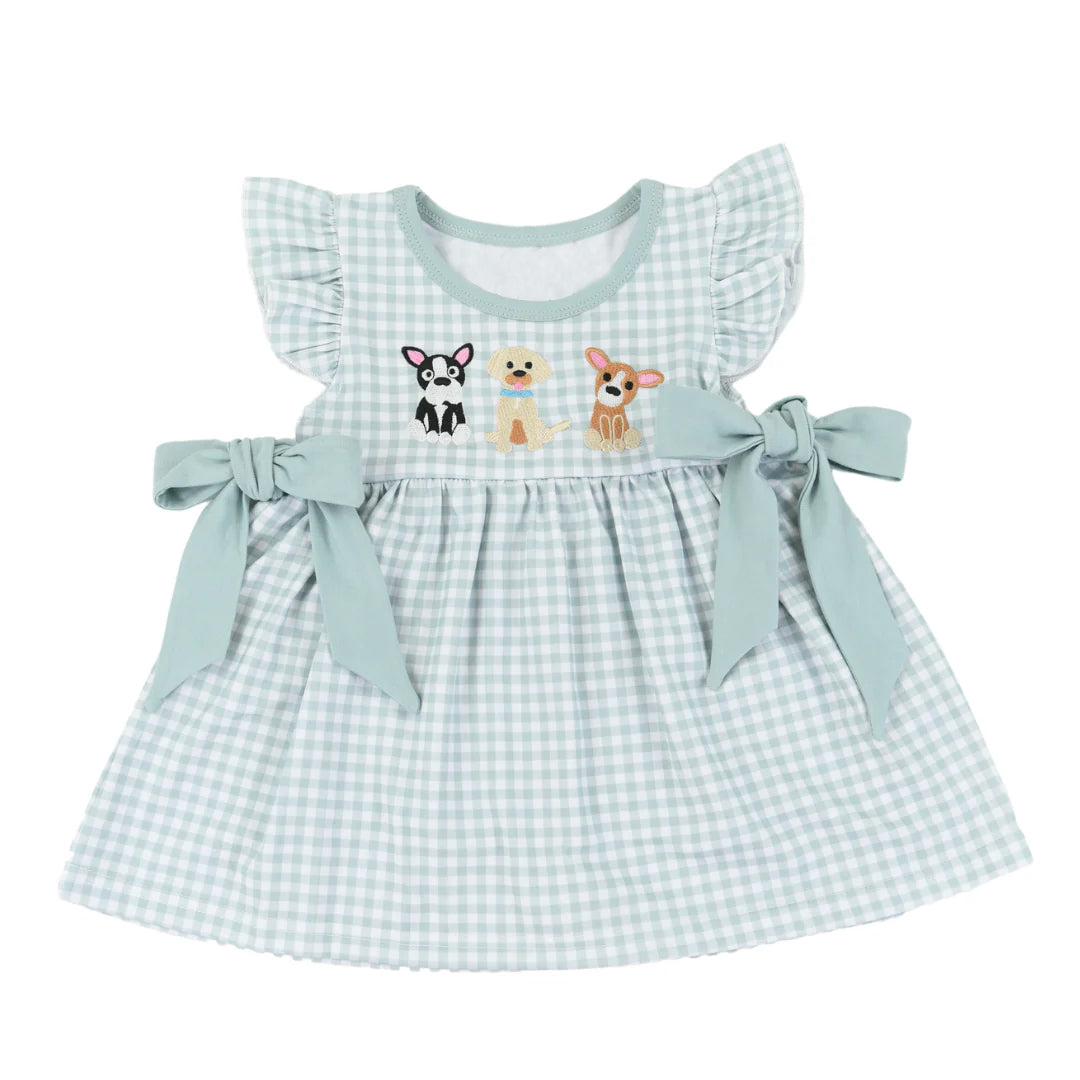 (Pre-order)GSD1556 Dogs Plaid Print Girls Summer Knee Length Dress