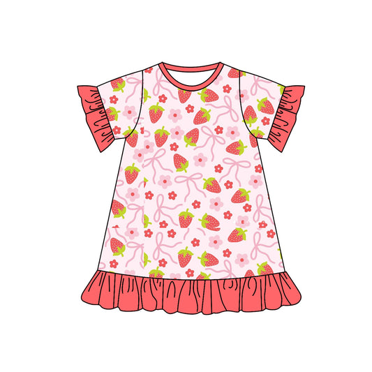 (Pre-order)GSD1562 Strawberry Flowers Bows Print Girls Summer Knee Length Dress