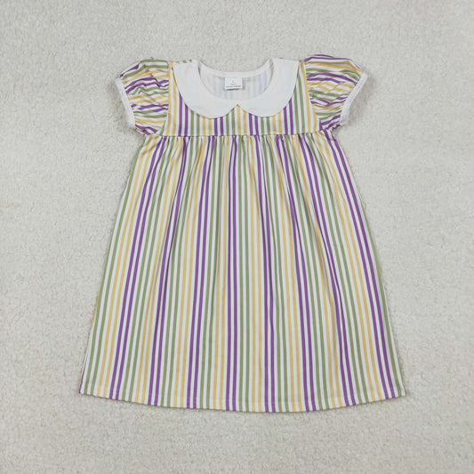 GSD1571 Purple Green Yellow Stripes Print Girls Mardi Gras Knee Length Dress