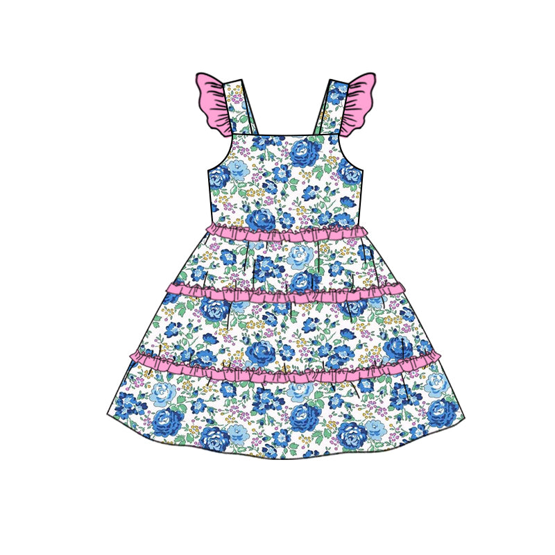 (Pre-order)GSD1574 Blue Flowers Print Girls Summer Knee Length Dress