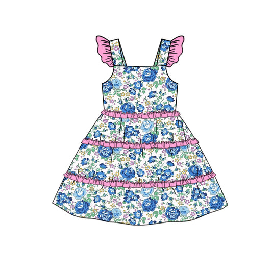 (Pre-order)GSD1574 Blue Flowers Print Girls Summer Knee Length Dress