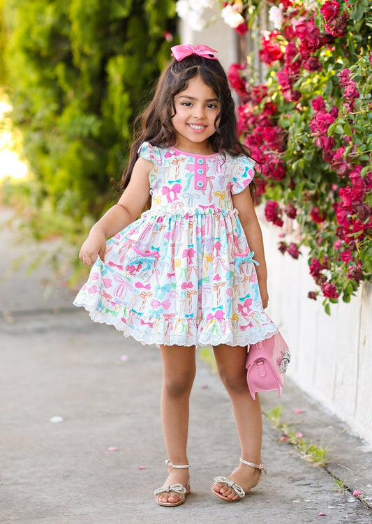 (Pre-order)GSD1575 Colorful Bows Print Girls Summer Knee Length Dress