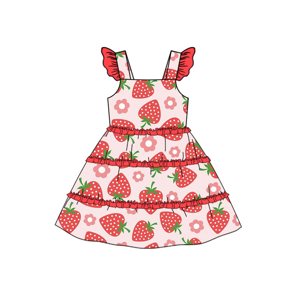 (Pre-order)GSD1577 Strawberry Flowers Print Girls Summer Knee Length Dress