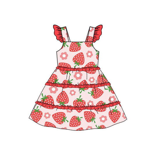 (Pre-order)GSD1577 Strawberry Flowers Print Girls Summer Knee Length Dress