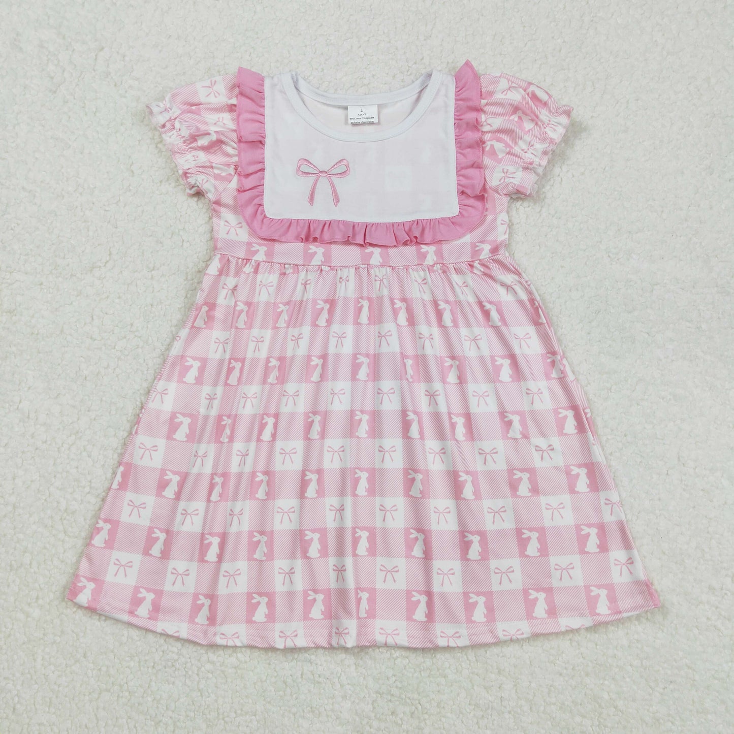 GSD1578 Bows Embroidery Bunny Pink Plaid Print Girls Easter Knee Length Dress