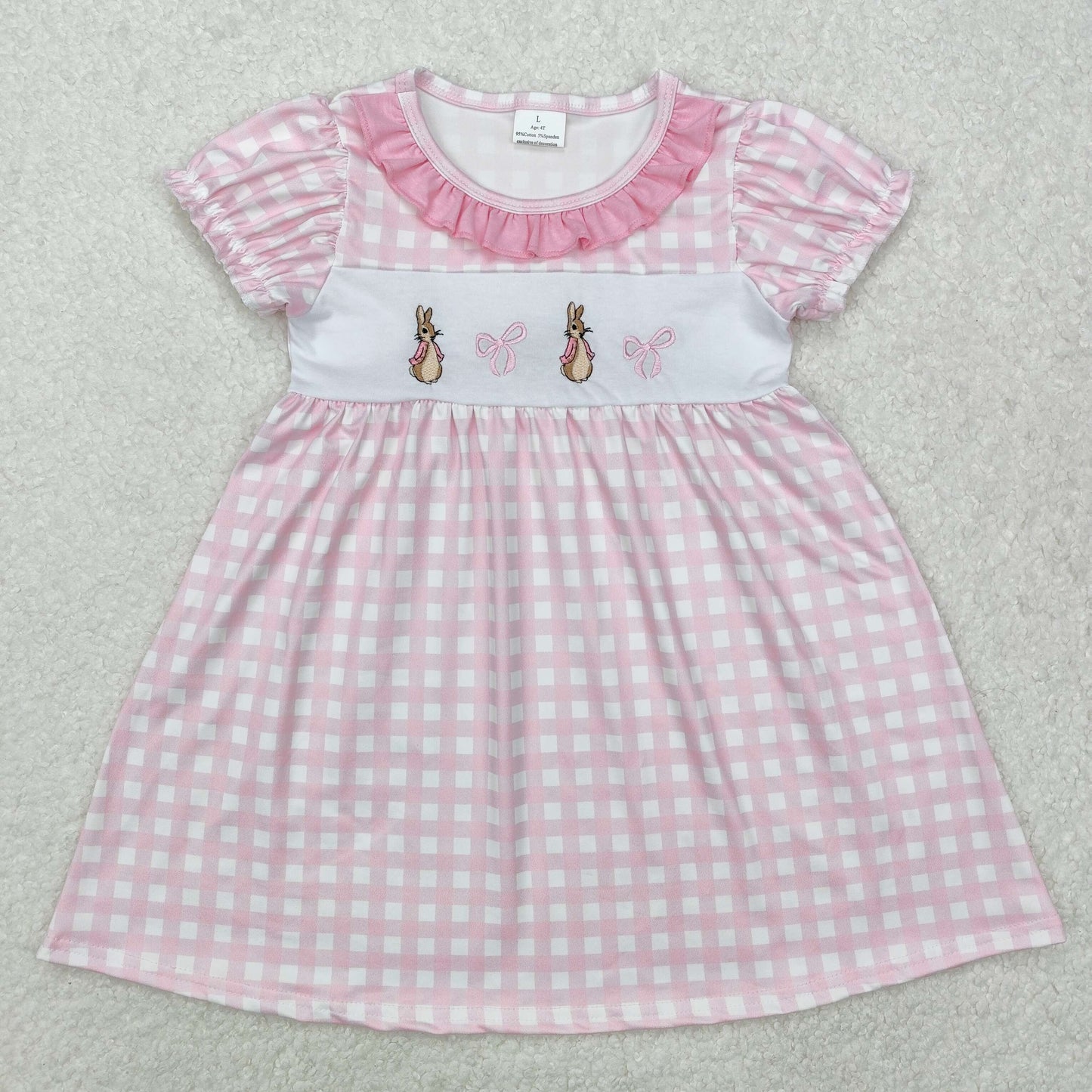 GSD1583 Bunny Bows Embroidery Pink Plaid Print Girls Easter Knee Length Dress