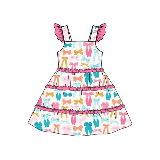 (Pre-order)GSD1585 Colorful Bows Print Girls Summer Knee Length Dress