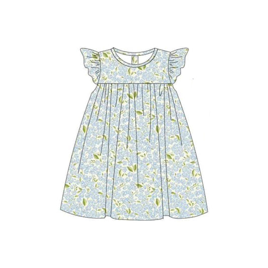 (Pre-order)GSD1587 Small Blue Flowers Print Girls Summer Knee Length Dress