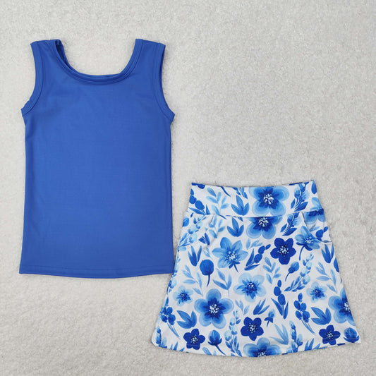 GSD1595 Blue Vest Top Flowers Skirts Shorts Girls Summer Athletic Clothes Set