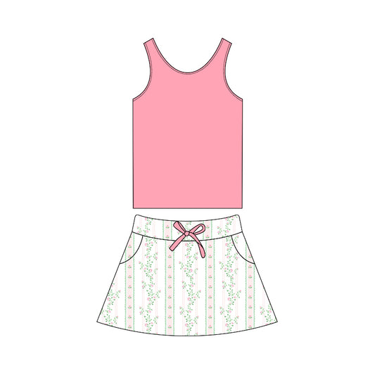 (Pre-order)GSD1596 Light Pink Vest Top Flowers Skirts Shorts Girls Summer Clothes Set
