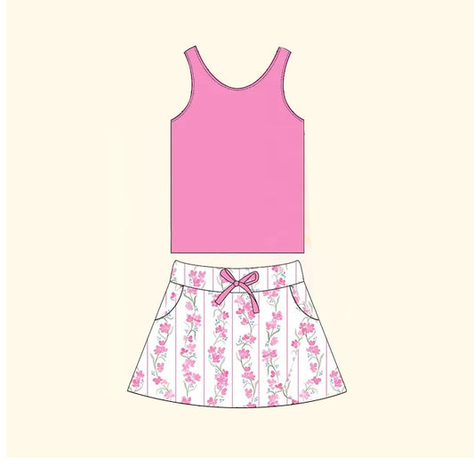 (Pre-order)GSD1597 Pink Vest Top Flowers Skirts Shorts Girls Summer Clothes Set