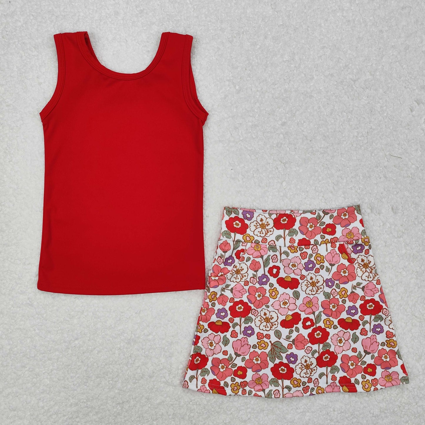 GSD1598 Red Vest Top Flowers Skirts Shorts Girls Summer Athletic Clothes Set